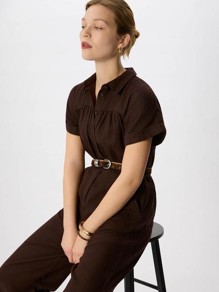 Whistles Utility Linen Jumpsuit, Brown - view 2, Brown