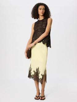 Whistles A-Line Satin Lace Hem Midi Skirt, Yellow/Multi, Yellow/Multi