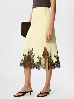 Whistles A-Line Satin Lace Hem Midi Skirt, Yellow/Multi - view 2, Yellow/Multi