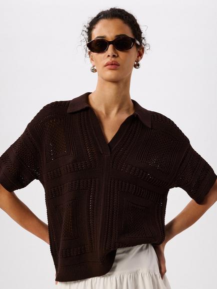 Whistles Cotton Crochet Detail Cardigan, Chocolate, Chocolate