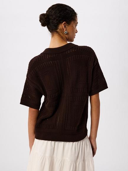 Whistles Cotton Crochet Detail Cardigan, Chocolate - view 2, Chocolate