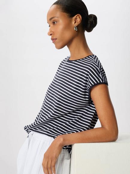 Whistles Stripe Cap Sleeve Cotton Crew Neck T-Shirt, Navy/Multi, Navy/Multi