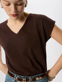 Whistles Willa Cap Sleeve V-Neck T-Shirt, Chocolate, Chocolate