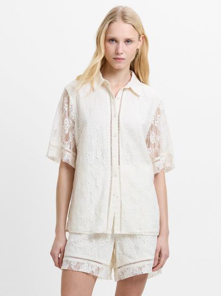 French Connection Zoe Lace Button-Through Shirt, Porcelain Cream, Porcelain Cream