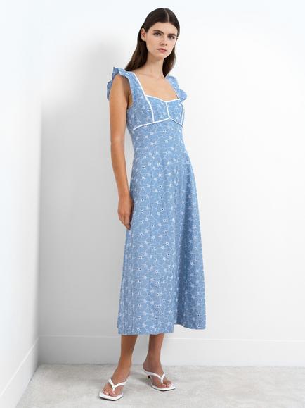 French Connection Tamara Cotton Floral A-Line Midi Dress, Chambray Blue, Chambray Blue