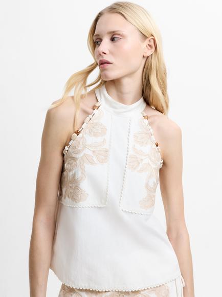 French Connection Calissa Embroidered Halterneck Top, Ecru/Neutral, Ecru/Neutral