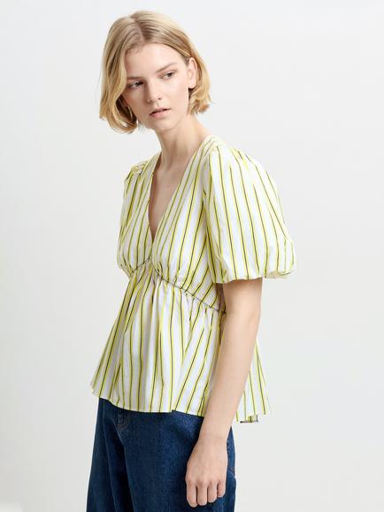 French Connection Cambria Cotton Striped Peplum Top, Yellow/Navy, Yellow/Navy