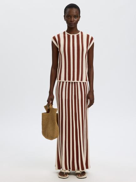 Selected High Waist Stripe Cotton Rich Knit Maxi Skirt, Cream/Brown, Cream/Brown