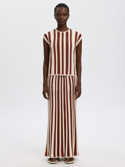 Selected High Waist Stripe Cotton Rich Knit Maxi Skirt, Cream/Brown - view 2, Cream/Brown