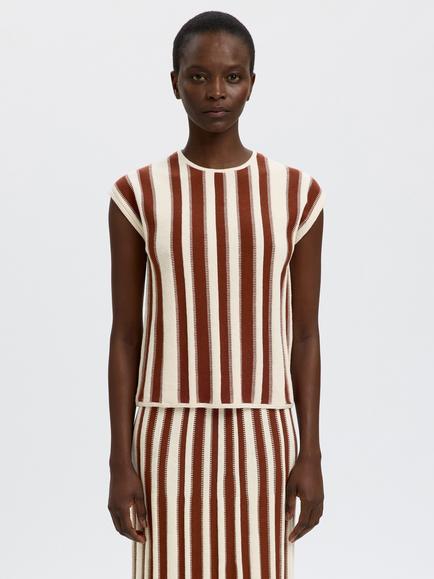 Selected Lina Knit T-Shirt, Cream/Terracotta, Cream/Terracotta