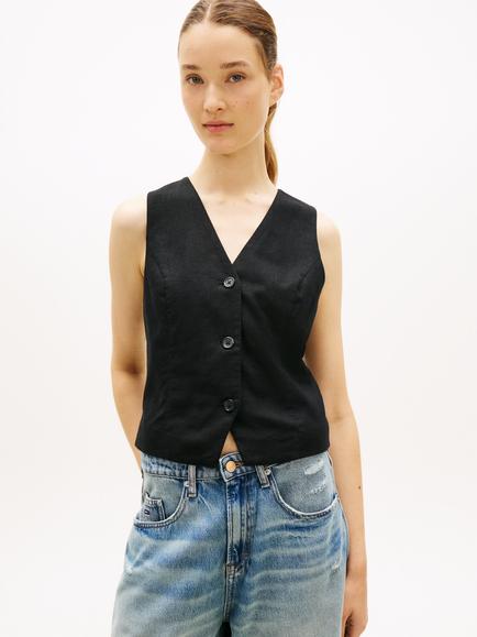 Tommy Hilfiger V-Neck Linen Rich Waistcoat, Black, Black