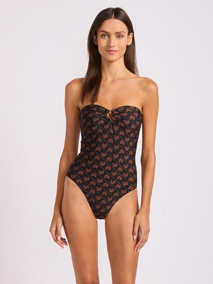 Seafolly Batik Bloom Bandeau O-Ring Swimsuit, Black, Black