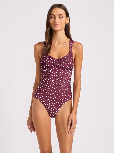 Seafolly Dolce Dot Ruched Cross Back Swimsuit, Dark Burgundy, Dark Burgundy