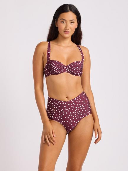 Seafolly Dolce Dot Ruched Band High Waist Bikini Bottoms, Dark Burgundy, Red