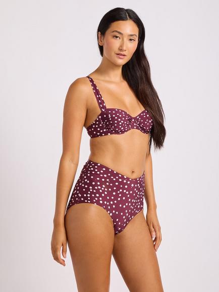 Seafolly Dolce Dot Ruched Band High Waist Bikini Bottoms, Dark Burgundy - view 2, Dark Burgundy