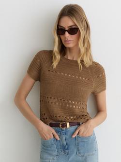 Reiss Chloe Linen Textured Knit Short Sleeve Top, Taupe Neutral, Taupe Neutral