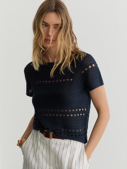 Reiss Chloe Linen Textured Knit Short Sleeve Top, Navy, Navy