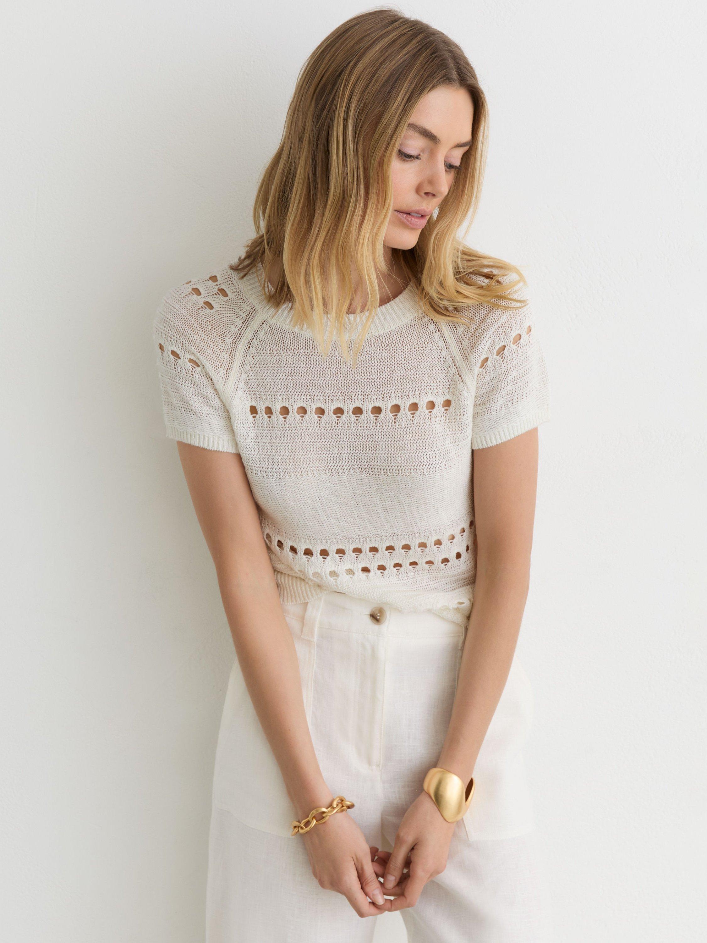 Reiss Chloe Linen Textured Knit Short Sleeve Top, White