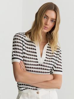 Reiss Gemma Short Sleeve Open Knit Patterned Polo Top, White/Navy, White/Navy