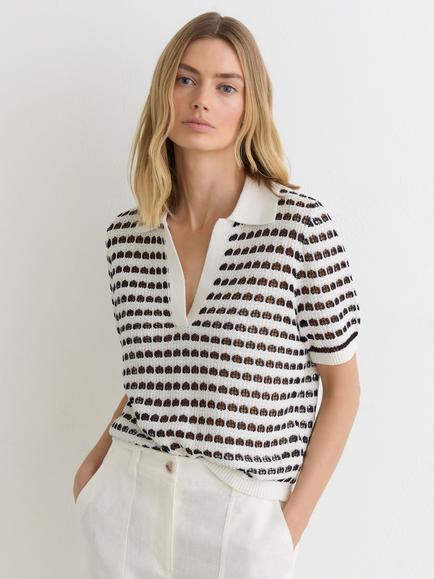 Reiss Gemma Short Sleeve Open Knit Patterned Polo Top, White/Navy, White/Navy