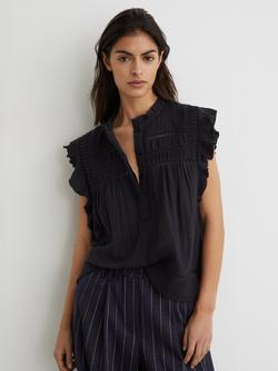 Reiss Florie Cotton Cheesecloth Ruffle Sleeveless Top, Navy, Navy