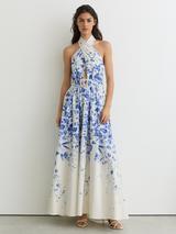 Reiss Amaya Cotton Blend Floral Print Belted Maxi Dress, Ivory/Blue