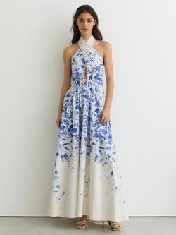 Reiss Amaya Cotton Blend Floral Print Belted Maxi Dress, Ivory/Blue, Ivory/Blue