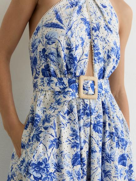 Reiss Amaya Cotton Blend Floral Print Belted Maxi Dress, Ivory/Blue - view 2, Ivory/Blue