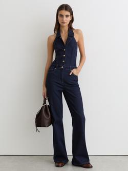 Reiss Lolita Denim Halterneck Flared Jumpsuit, Indigo Blue, Indigo Blue