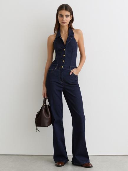Reiss Lolita Denim Halterneck Flared Jumpsuit, Indigo Blue, Indigo Blue