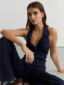 Reiss Lolita Denim Halterneck Flared Jumpsuit, Indigo Blue - view 2, Indigo Blue