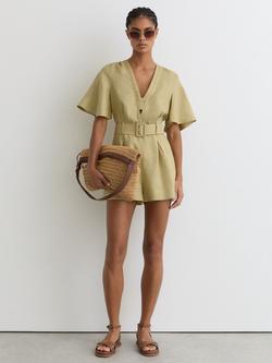 Reiss Sansi Linen Short Sleeve Belted Playsuit, Green, Green