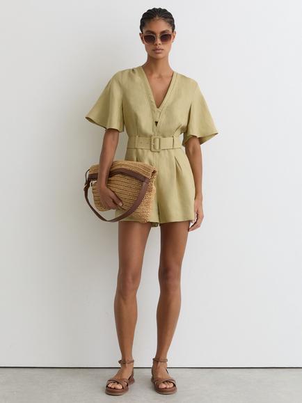 Reiss Sansi Linen Short Sleeve Belted Playsuit, Green, Green