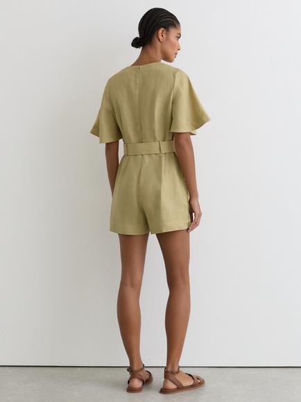 Reiss Sansi Linen Short Sleeve Belted Playsuit, Green - view 2, Green
