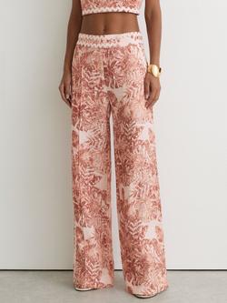 Reiss Mila Linen Wave Trim Botanical Print Wide Leg Trousers, Pale Pink, Pale Pink