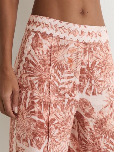 Reiss Mila Linen Wave Trim Botanical Print Wide Leg Trousers, Pale Pink - view 2, Pale Pink