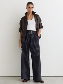 Reiss Rae Pinstripe Belted Wide Leg Trousers, Navy, Navy