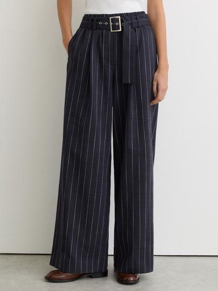 Reiss Rae Pinstripe Belted Wide Leg Trousers, Navy, Navy