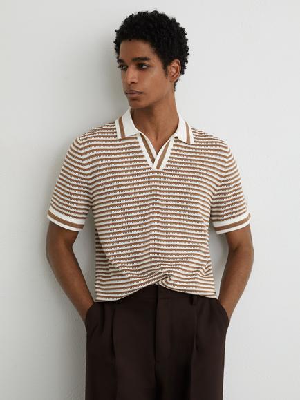Reiss Carlford Stripe Polo Shirt, Camel/Cream, Camel/Cream