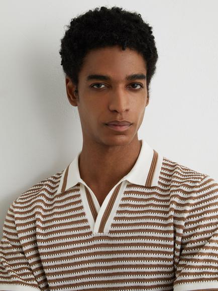 Reiss Carlford Stripe Polo Shirt, Camel/Cream - view 2, Camel/Cream