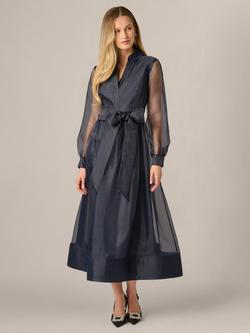 Adrianna Papell Organza Collared V-Neck Ankle-Length Midi Dress, Midnight, Midnight