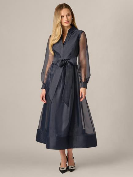 Adrianna Papell Organza Collared V-Neck Ankle-Length Midi Dress, Midnight, Midnight