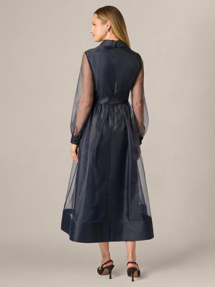 Adrianna Papell Organza Collared V-Neck Ankle-Length Midi Dress, Midnight - view 2, Midnight