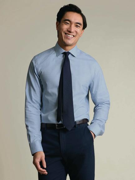 Charles Tyrwhitt Prince of Wales Non-Iron Cotton Linen Slim Fit Shirt, Mid Blue, Mid Blue