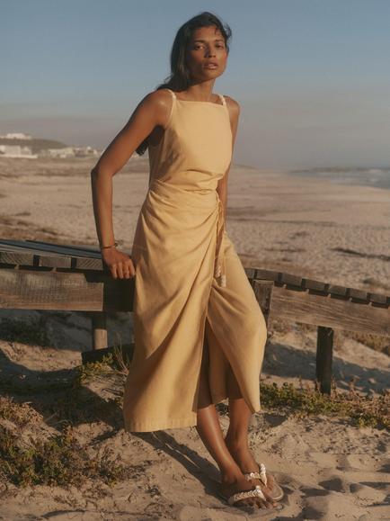 Mint Velvet Linen Blend Wrap Midi Dress, Yellow, Yellow