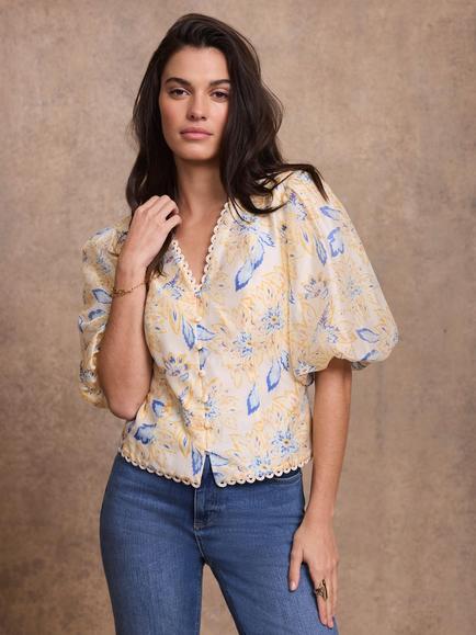 Mint Velvet Puff Sleeve Floral Blouse, Yellow/Multi - view 2, Yellow/Multi