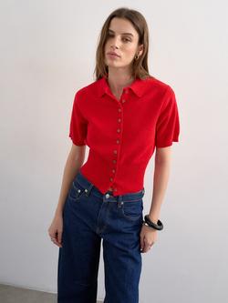 Topshop Fine Knit Towelling Short Sleeve Polo Jumper, Red, Red