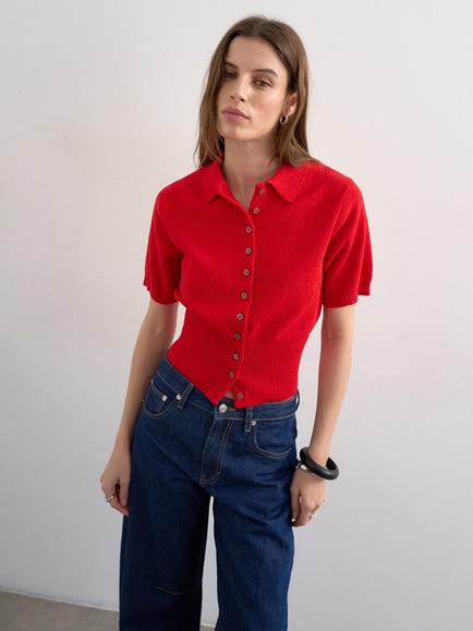 Topshop Fine Knit Towelling Short Sleeve Polo Jumper, Red, Red