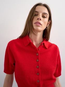 Topshop Fine Knit Towelling Short Sleeve Polo Jumper, Red - view 2, Red