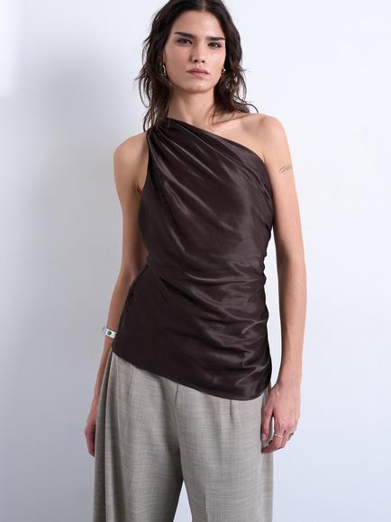 Topshop One Shoulder Drape Top, Brown, Brown